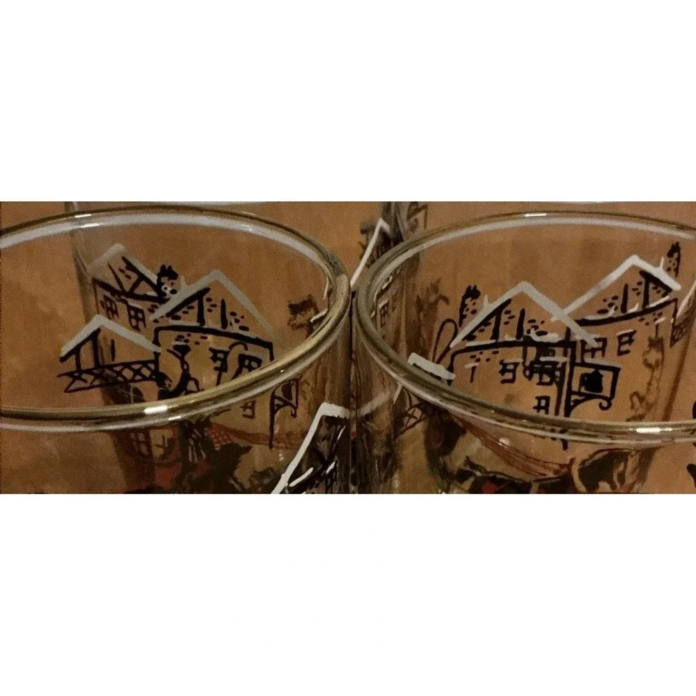Vintage 1950s Libbey Stagecoach Horses Christmas Glasses, Set Of‎ 4, Gold Rim